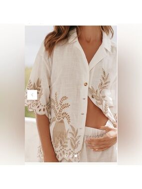 Anthropologie Cream Embroidered Button-Front Blouse